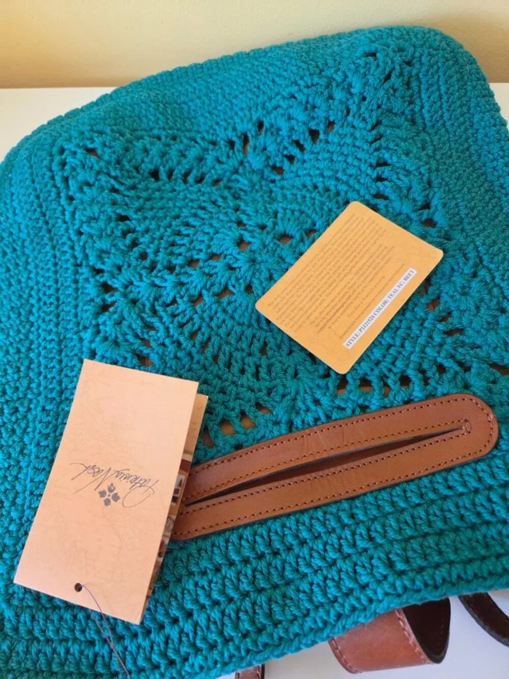 Patricia Nash NWT Teal Crochet Tote Leather Trim Tassel Dust Bag - Picture 4 of 4